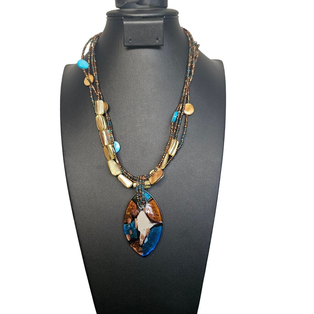 Multi Strand Beaded Necklace w Large Oval Glass Pendant